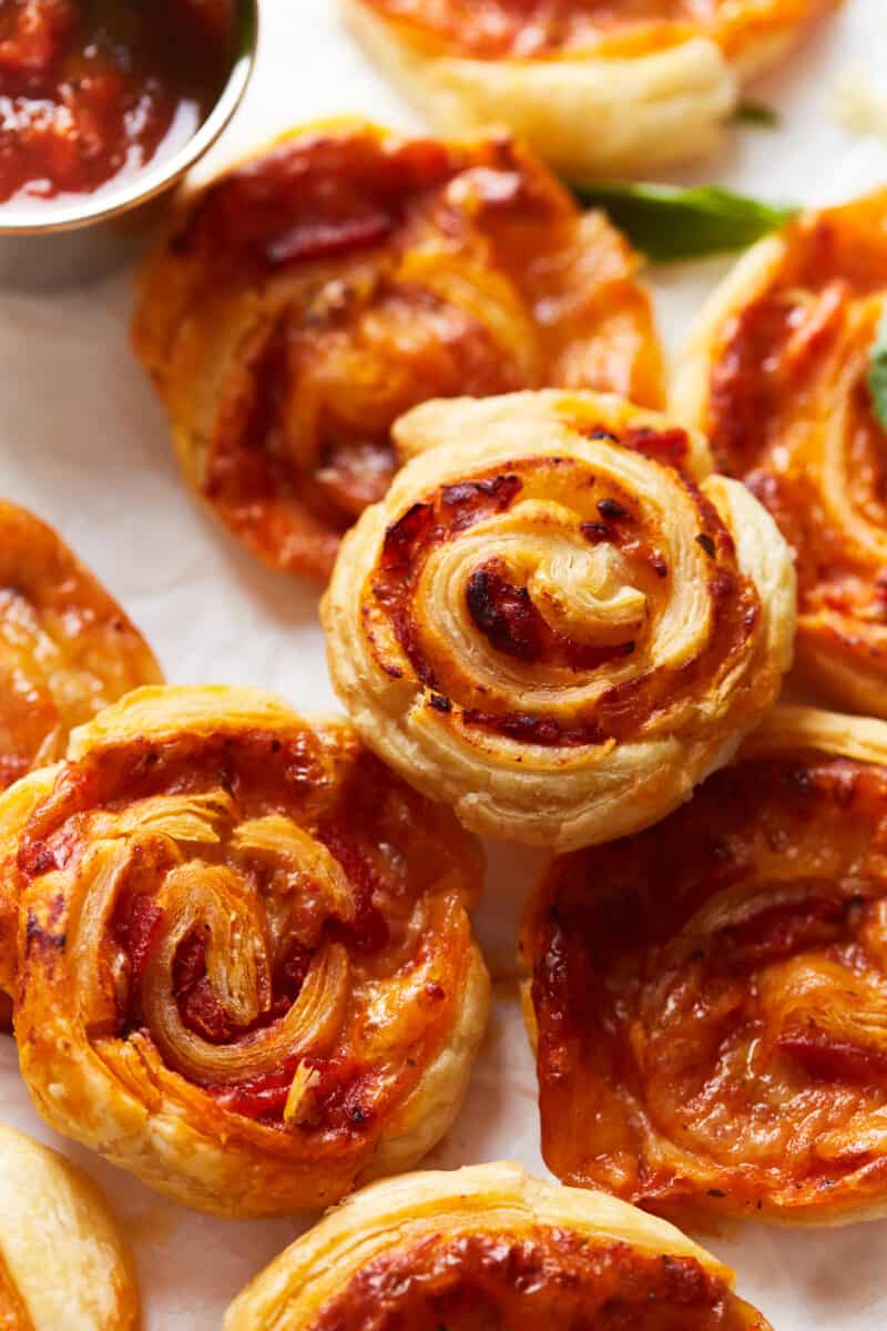 close up of pepperoni pizza rolls.