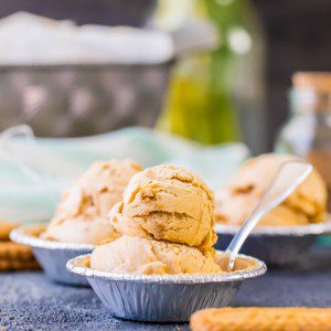 scooped homemade pumpkin ice cream in a dish with spoon