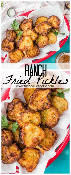 Ranch Fried Pickles, the perfect easy snack or sandwich topper! SO ADDICTING!