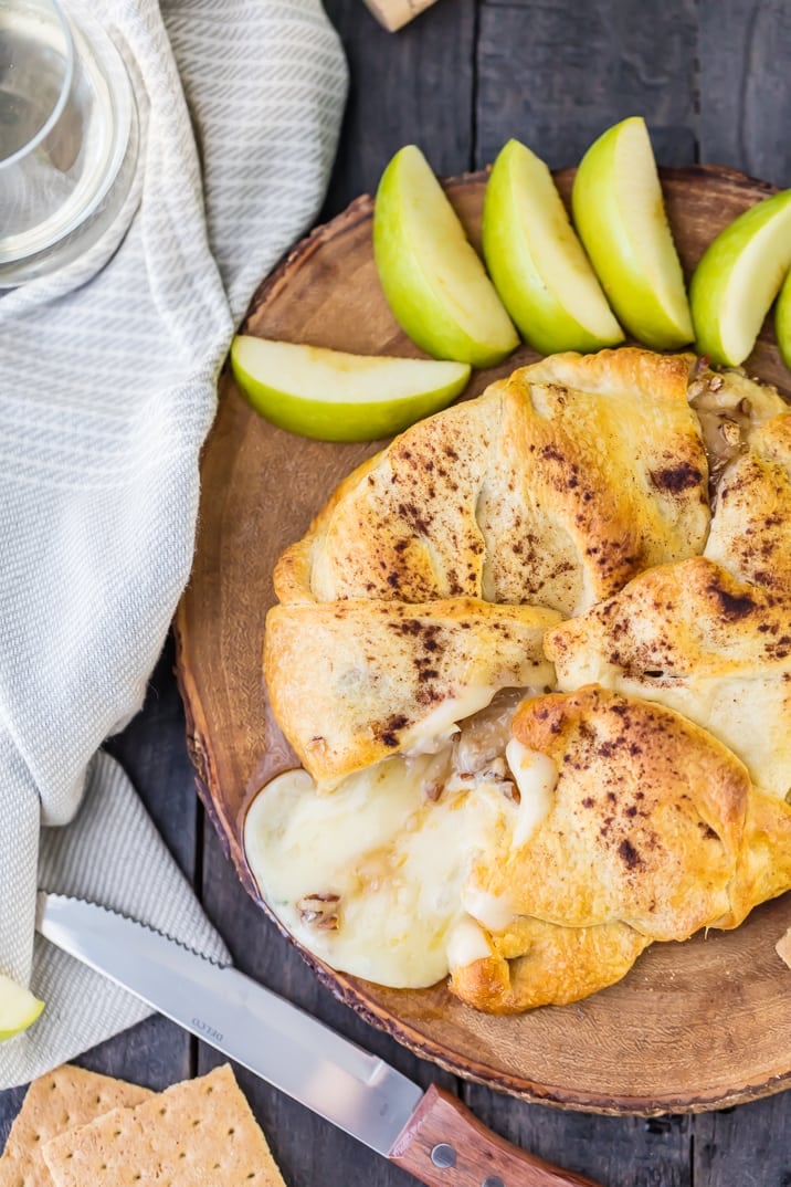 overhead shot of apple pie baked brie with apple slices