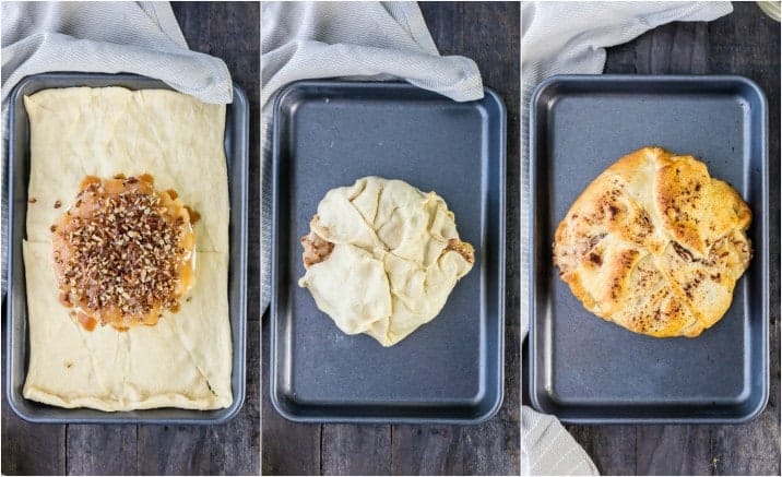 cookie sheet showing how baked brie is wrapped in crescent roll dough