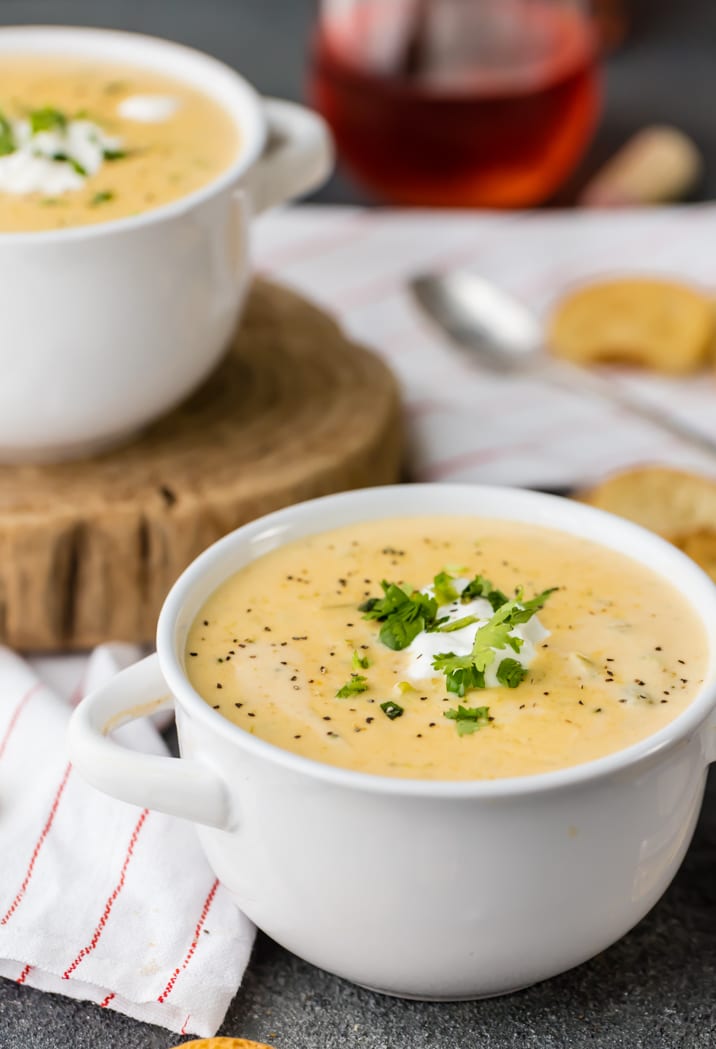 Two bowls of crockpot broccoli cheese soup