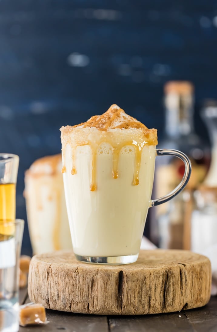 Clear mug filled with easy salted caramel eggnog