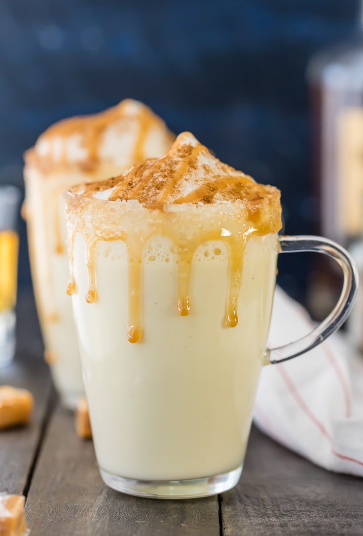 HOMEMADE SALTED CARAMEL EGGNOG! I never knew making eggnog was SO EASY! Made on the stove in under 15 minutes. Make it a cocktail or mocktail with ease! Our favorite Thanksgiving and Christmas drink recipe!