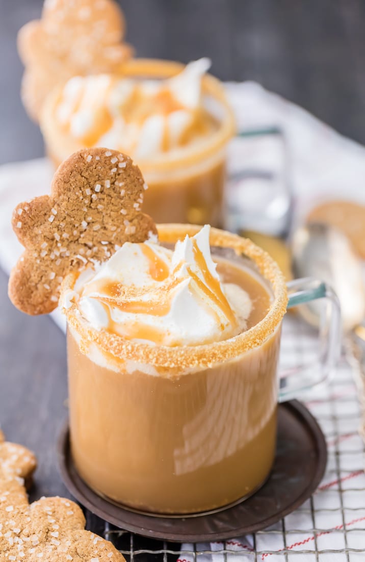 Close up on a gingerbread latte topped with whipped cream and caramel sauce