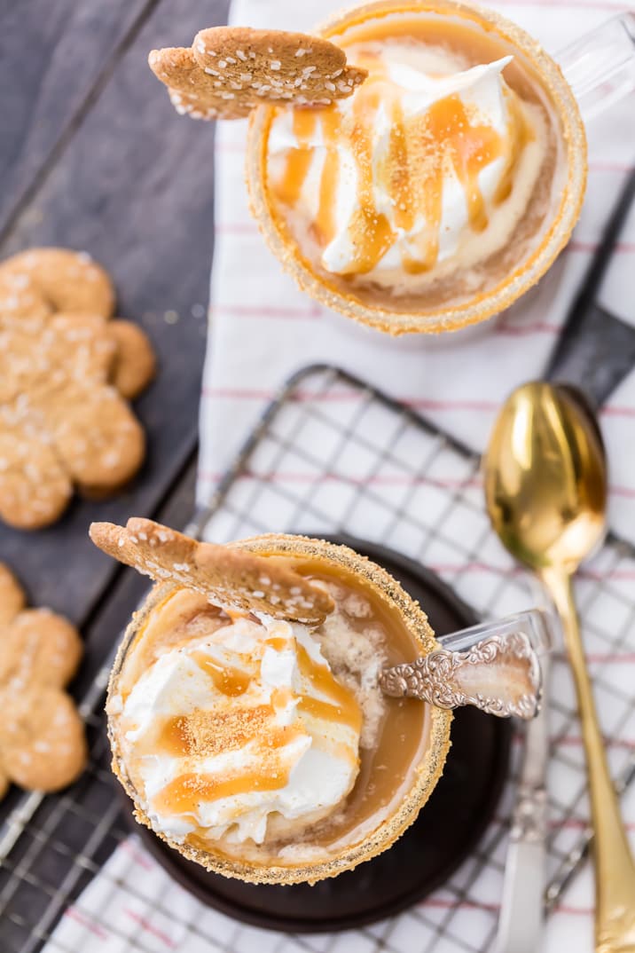 Two homemade gingerbread lattes viewed from above