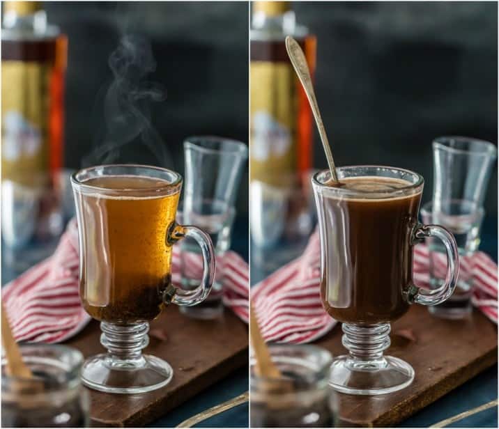 Chocolate Hot Buttered Rum, my absolute FAVORITE warm cocktail recipe for the holidays (or all Winter!) Tastes like liquid brownie batter!