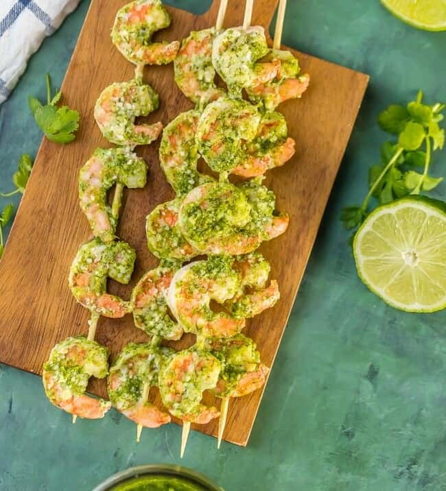 Easy Pesto Shrimp Two Ways! Cilantro Lime Pesto and Basil Lime Pesto with grilled shrimp is the PERFECT healthy recipe for holiday appetizers!