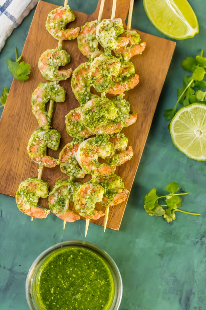Easy Pesto Shrimp Two Ways! Cilantro Lime Pesto and Basil Lime Pesto with grilled shrimp is the PERFECT healthy recipe for holiday appetizers!