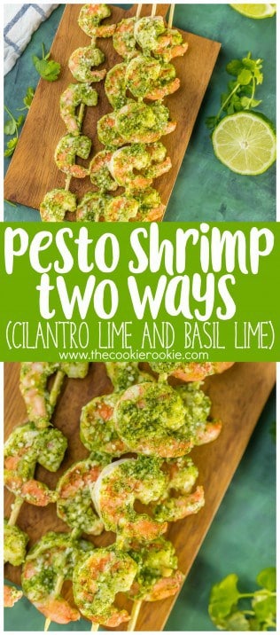Easy Pesto Shrimp Two Ways! Cilantro Lime Pesto and Basil Lime Pesto with grilled shrimp is the PERFECT healthy recipe for holiday appetizers!