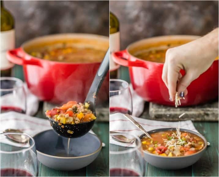 ladling soup into a bowl; sprinkling cheese over the soup