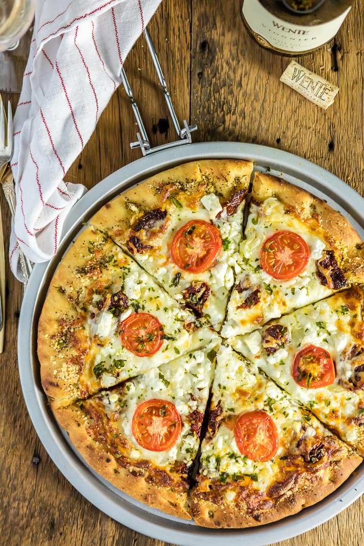Close up of easy gourmet white pizza