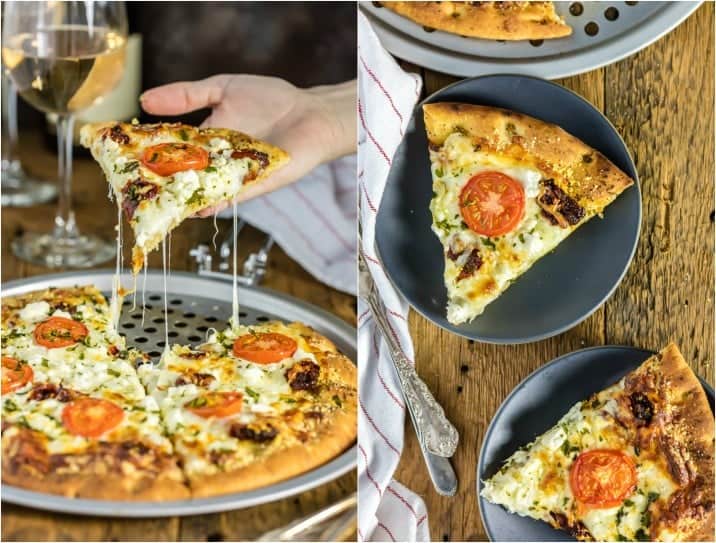split photo of a hand holding slice of easy gourmet white pizza, and pizza on a plate
