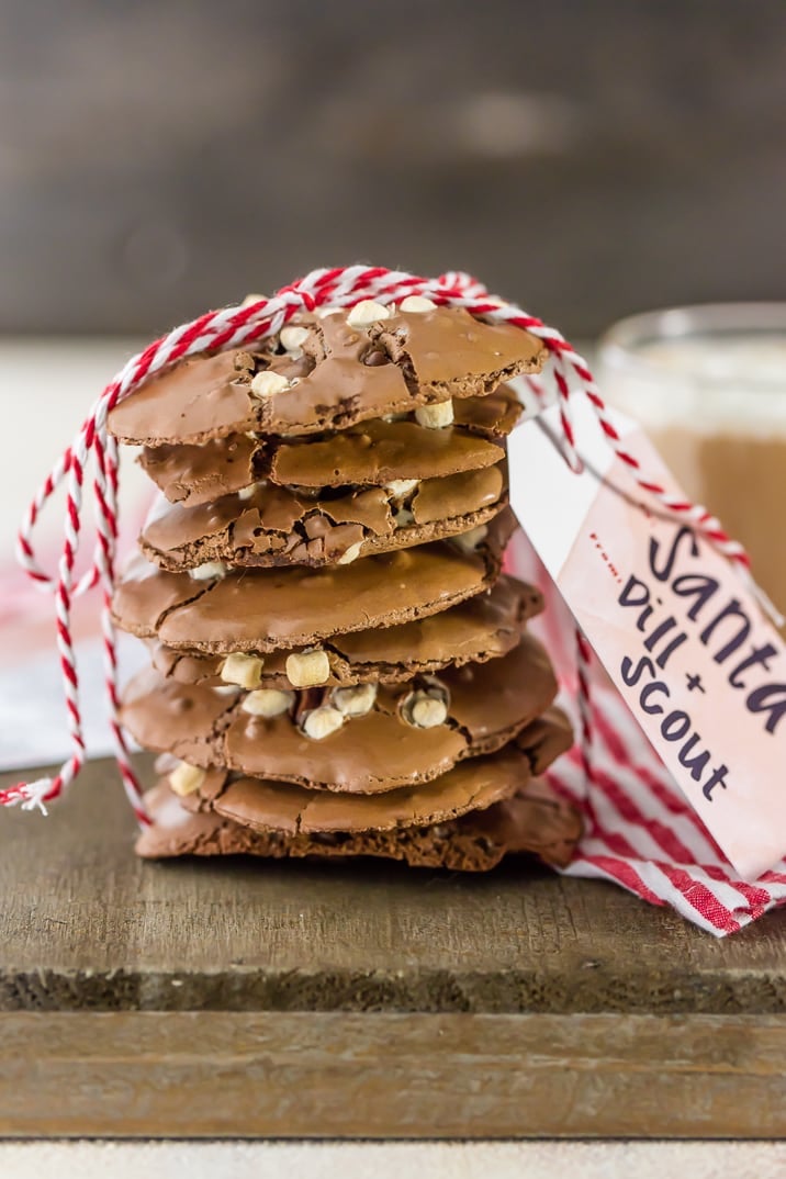 Flourless Hot Chocolate Cookies are a rich, fudgy treat fancy enough to serve at a holiday party, but easy enough to whip up anytime chocolate cravings hit. stack of flourless hot chocolate cookies tied with red and white string