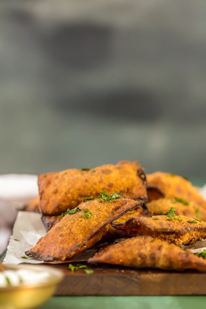 mini fried taco pizza pockets on plate with cilantro