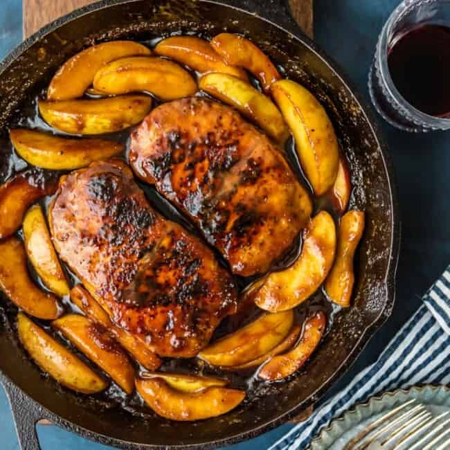 One Pan Apple Butter Pork Chop Skillet...the perfect recipe for Fall and Winter! One bonus...only ONE PAN to clean! Wow your family with this (SUPER EASY) recipe that everyone will love!