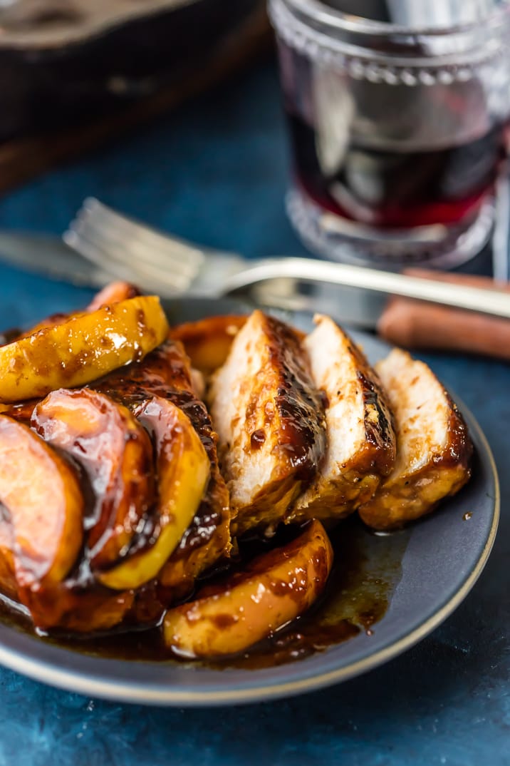 A plate of apple butter pork chops cut into slices