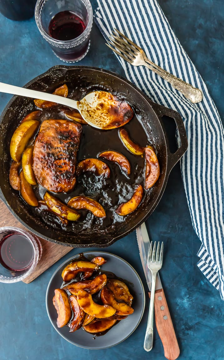 Pork Chops with apples in a skillet