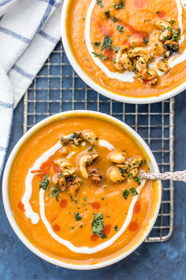 Vegan Pumpkin Soup with Candied Cashews on a wire rack