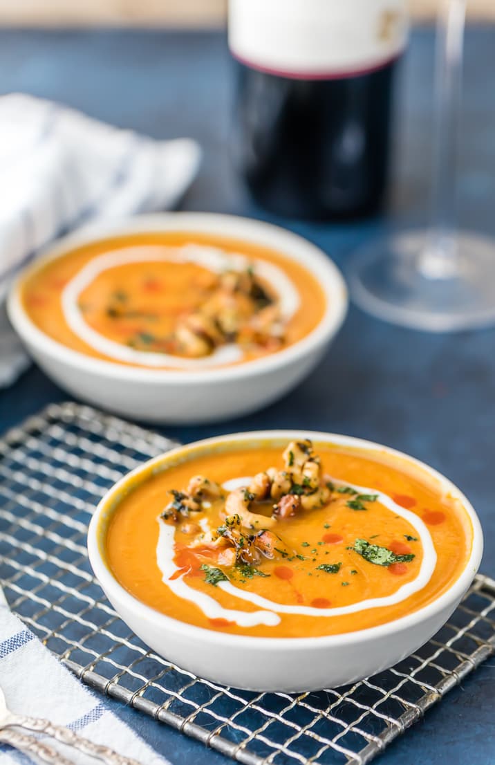 Vegan Pumpkin Soup in bowls on a wire rack