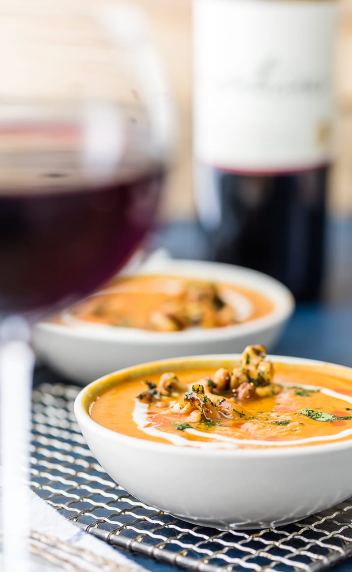 soup behind a glass of wine