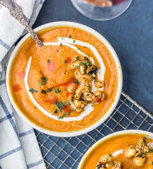 Vegan Pumpkin Soup with Candied Cashews in bowls