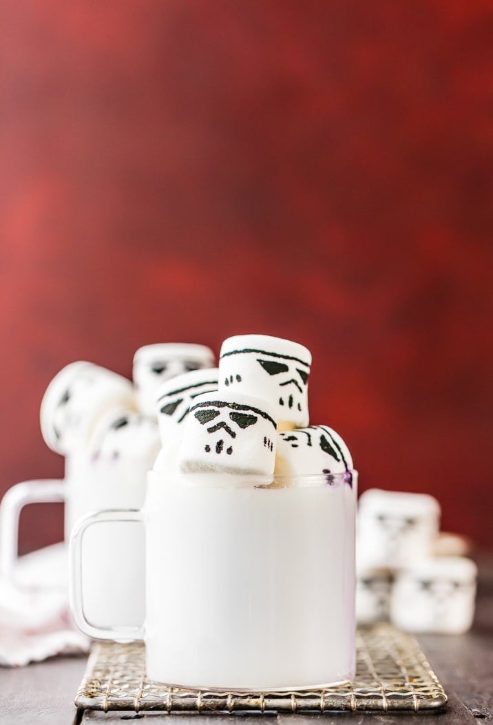 storm trooper marshmallows stacked in a mug of white hot chocolate