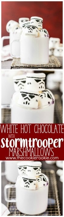 white chocolate hot chocolate with stormtrooper marshmallows pinterest image
