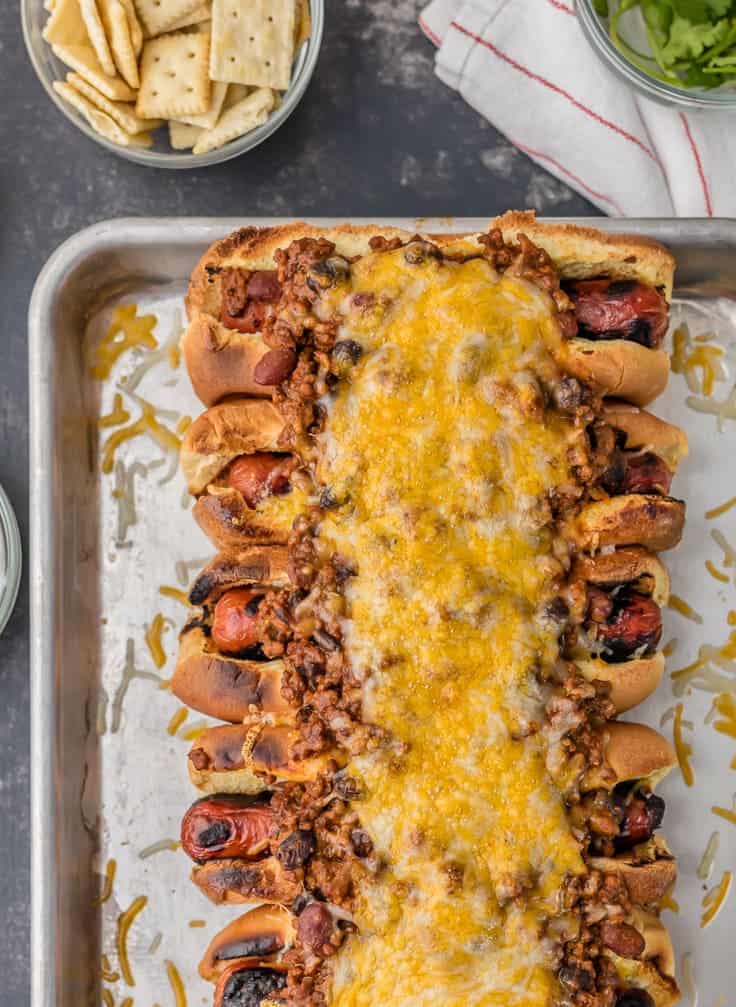 best chili dog recipe on a baking sheet