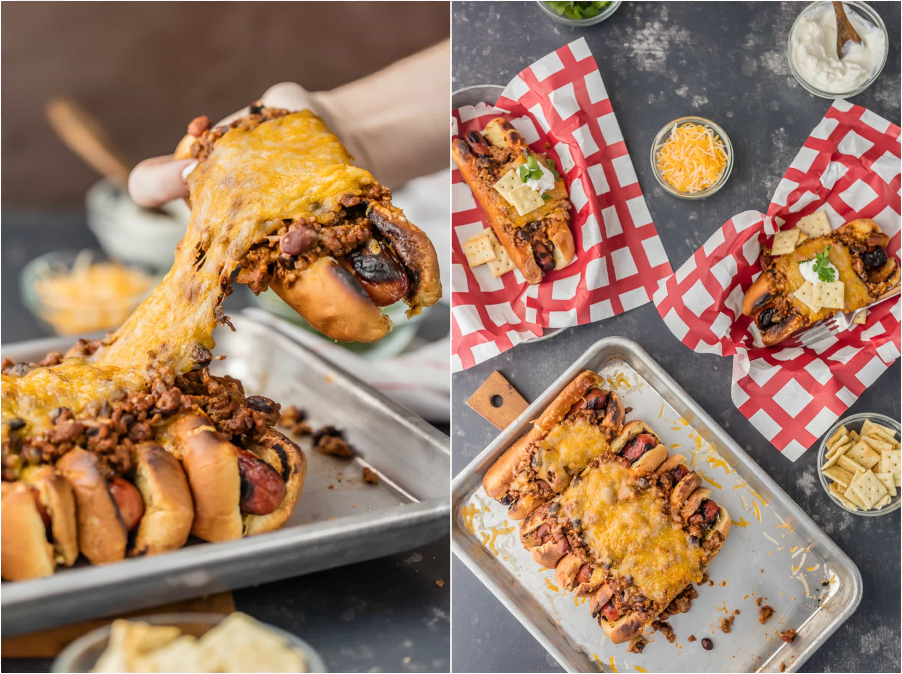 This Chili Dog Recipe all baked together on a sheet pan is the BEST Chili Dog Recipe ever! These Chili Cheese Dogs topped with the best hot dog chili recipe. If you're in the mood for comfort food; toasted buns, grilled hot dogs, best ever chili, and of course tons of cheese; this recipe is for you! 