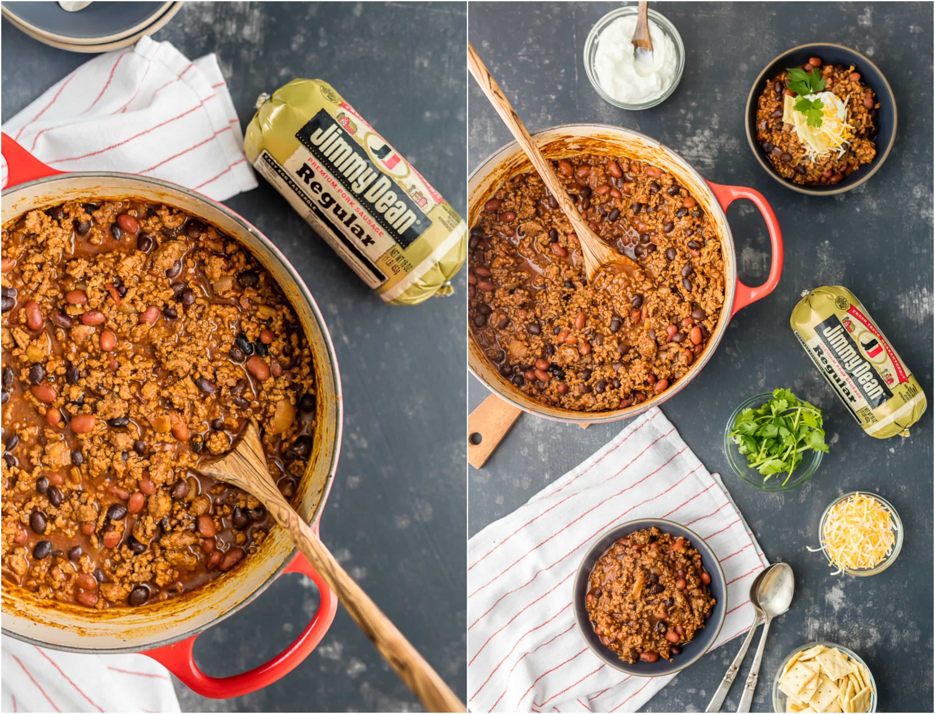This Best Chili Recipe has been in our family for years. I've had a lot of chili in my life, from white chicken chili to vegetarian chili, and this is hand's down the BEST CHILI I have ever tasted. Two types of meat, lots of beans, and loaded with cheese, sour cream, crackers, and more! You will want to eat this Best Easy Chili Recipe year round, not just the cold months. This isn't just a good chili recipe, it's the World's Best Chili! how to make best chili recipe with beef and sausage