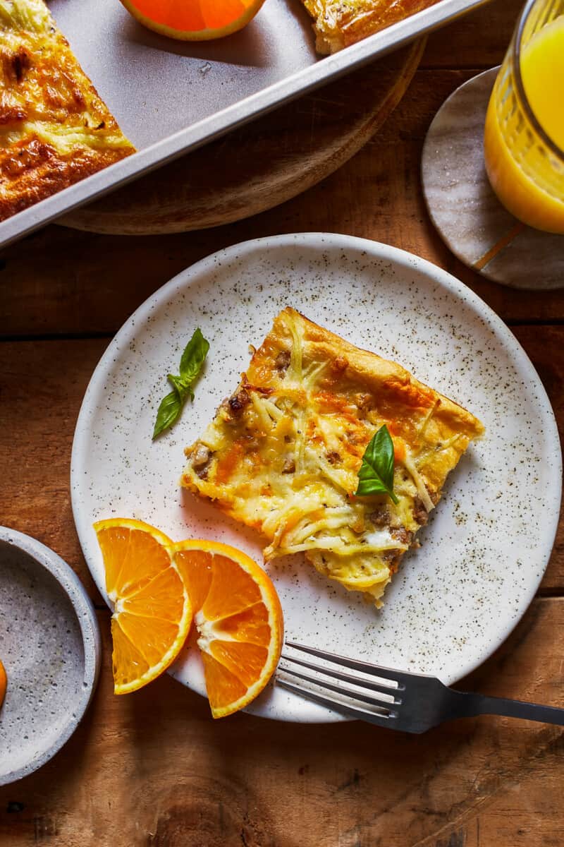 sausage breakfast pizza on plate