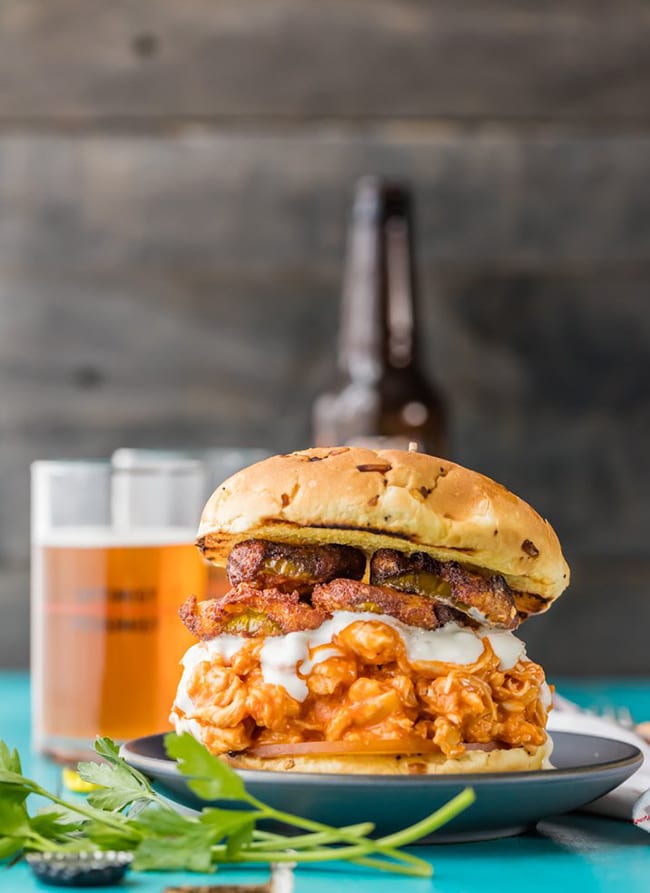 Slow Cooker Buffalo Chicken Sandwiches with Ranch Fried Pickles | The Cookie Rookie