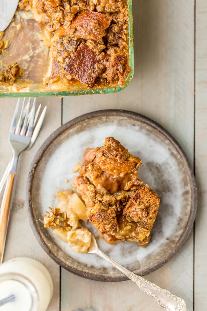This Apple Pie Bread Pudding recipe is the perfect holiday dessert! We love bread pudding around here, so we added this Caramel Apple Bread Pudding to our recipe collection. It's good for dessert, or even for Christmas morning breakfast! Caramel Apple Bread Pudding on a plate