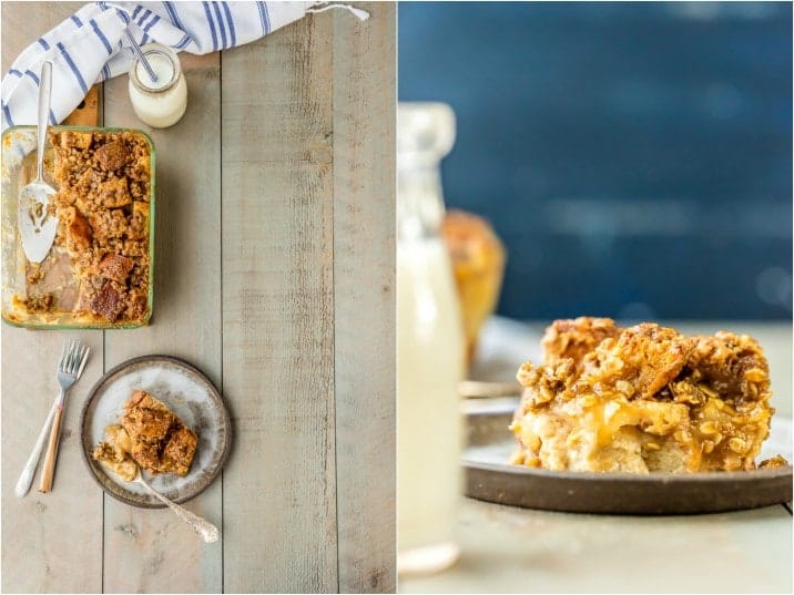 CARAMEL APPLE PIE BREAD PUDDING! Perfect for dessert, or even breakfast! Just like a apple pie french toast casserole recipe but more ooey, gooey, and delicious! Great with vanilla ice cream!
