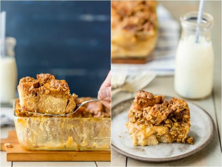 CARAMEL APPLE PIE BREAD PUDDING! Perfect for dessert, or even breakfast! Just like a apple pie french toast casserole recipe but more ooey, gooey, and delicious! Great with vanilla ice cream!