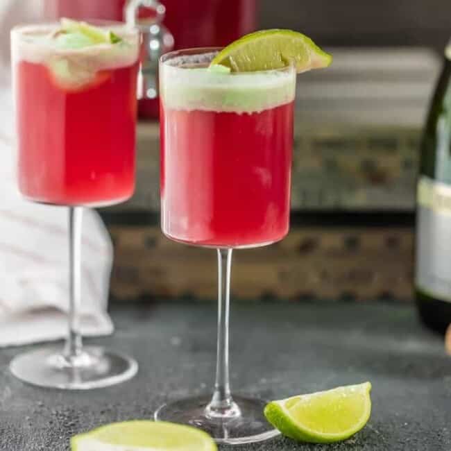 Cranberry Limeade Holiday Champagne Punchh topped with Lime Sherbet!