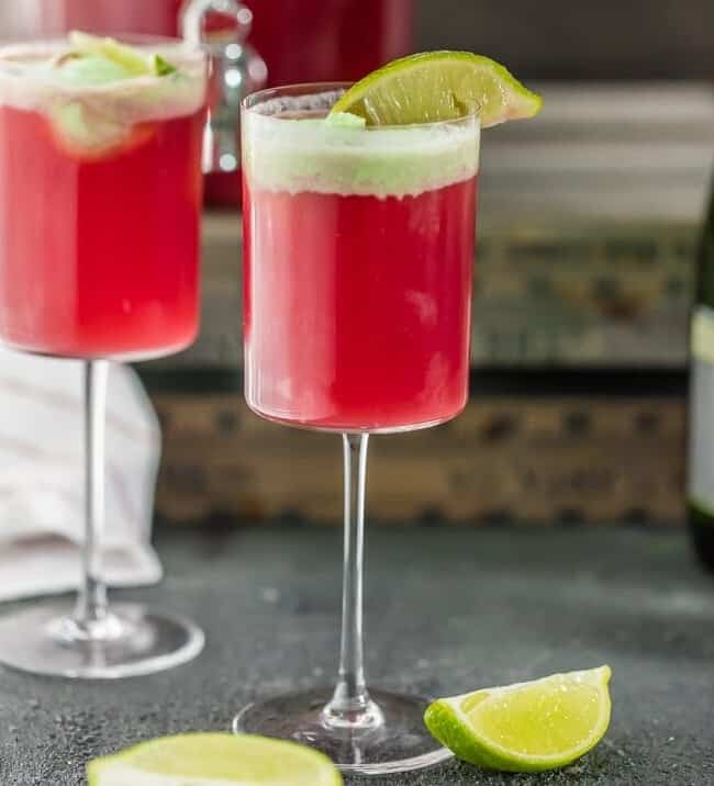 Cranberry Limeade Holiday Champagne Punchh topped with Lime Sherbet!