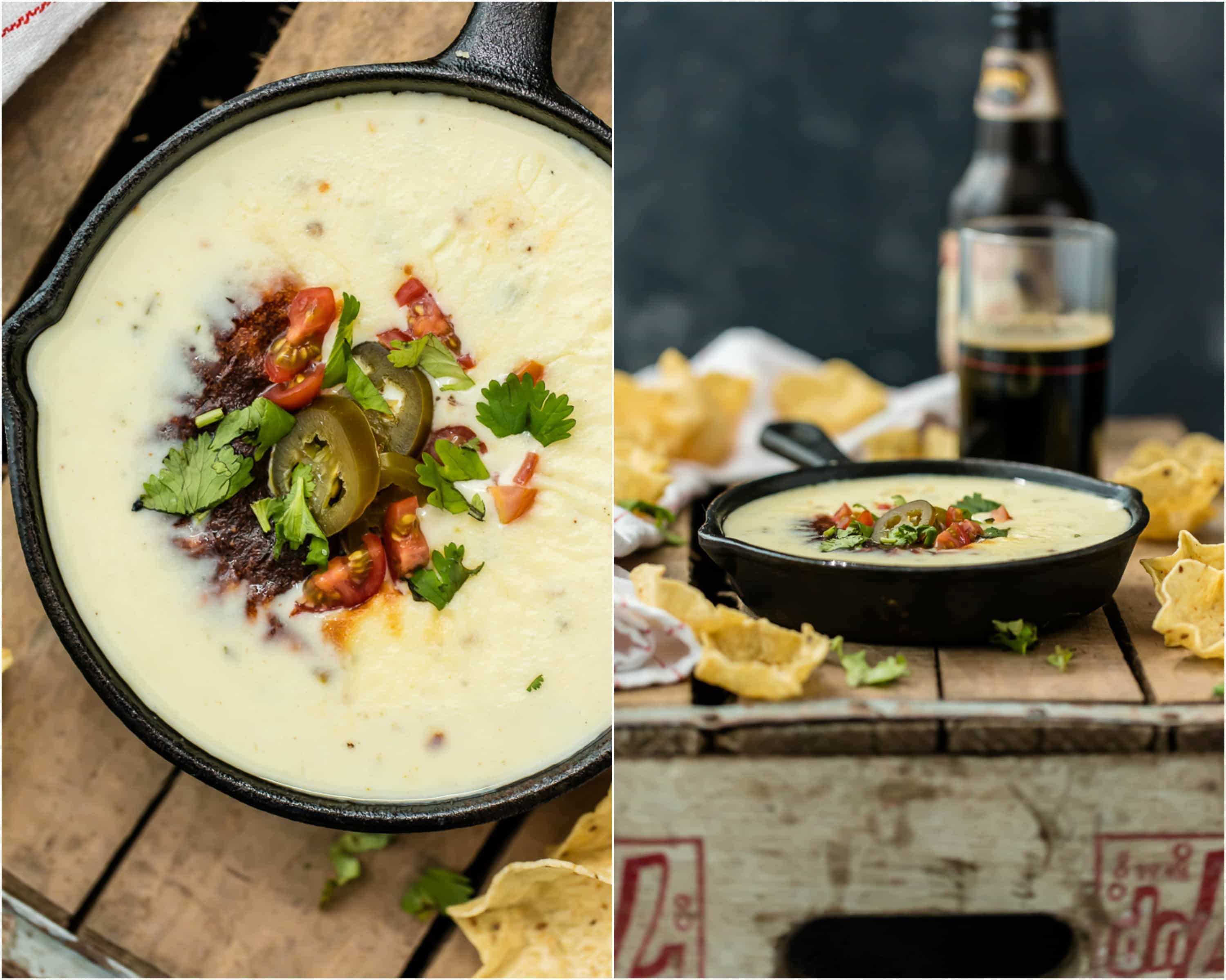 two images side by side: close up on dip topped with jalapenos; dip and beer on a table