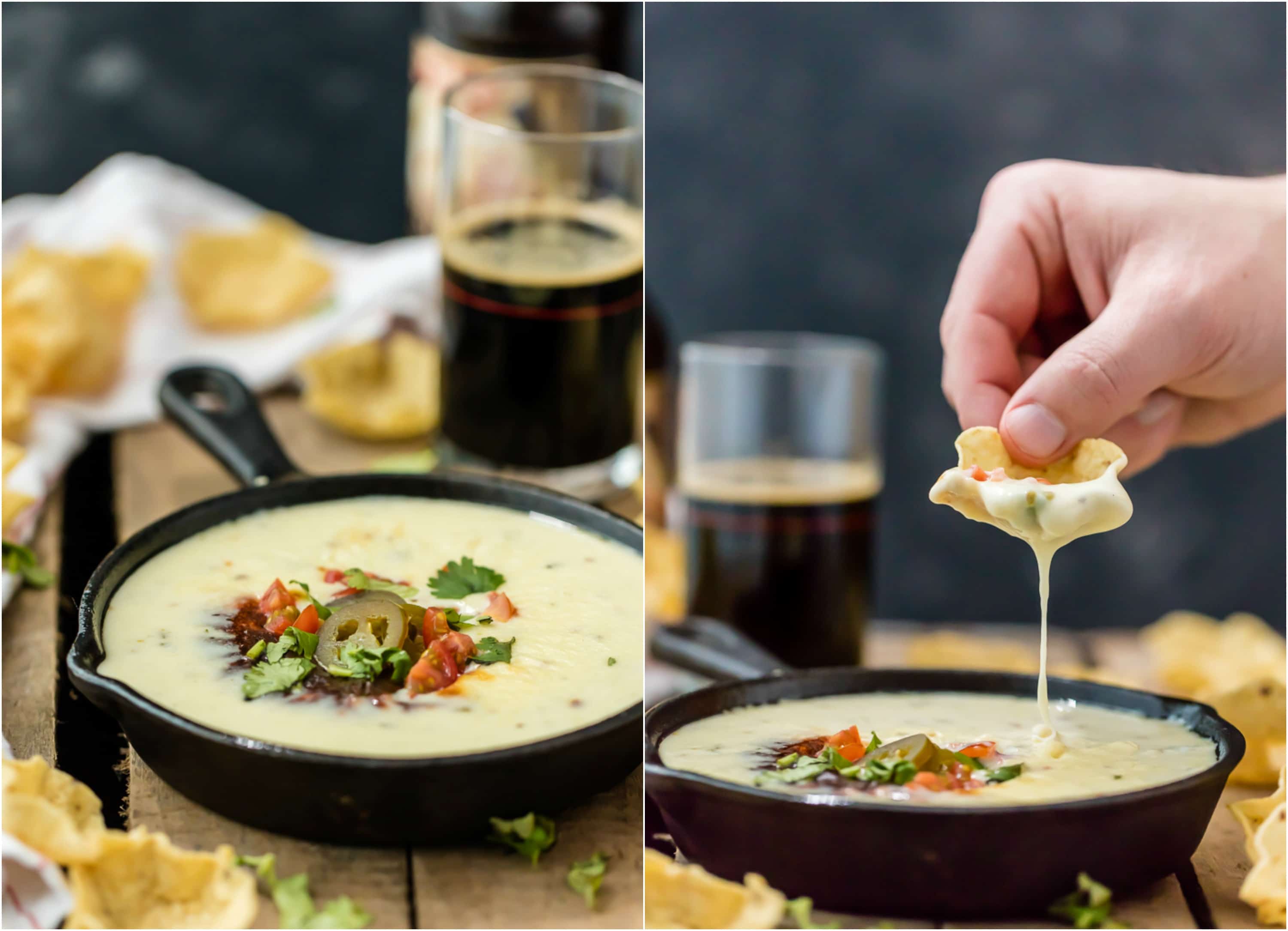 This EASY WHITE QUESO RECIPE (EASY QUESO BLANCO) is our favorite white queso dip recipe, EVER. This easy white cheese dip recipe creates a creamy dip that tastes just like the queso at your favorite Mexican Restaurant. If you've ever wanted to know how to make queso on the stove...this recipe is for you! No velveeta, just real quality cheese and ingredients melted together and ready to dip. dipping a chip into white queso dip recipe