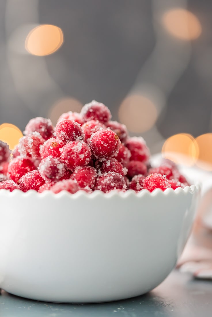 white bowl with easy sugared cranberries