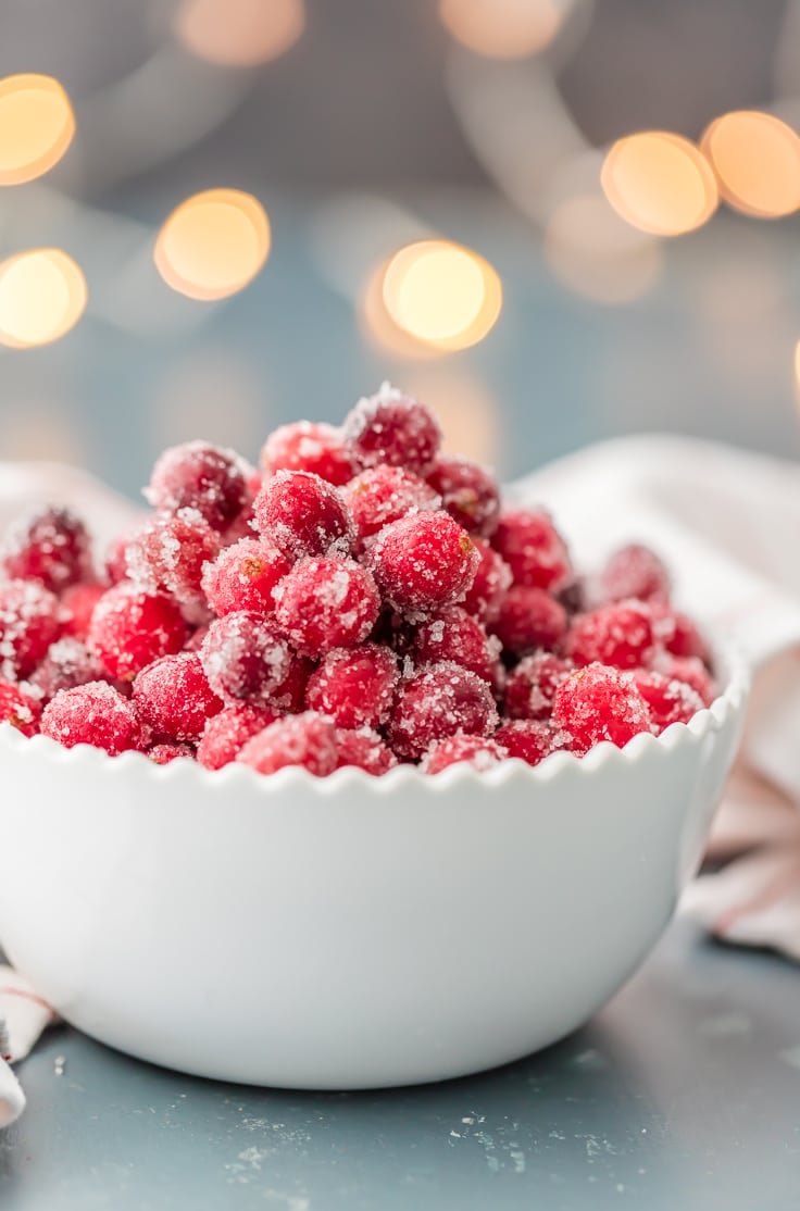 white bowl of easy sugared cranberries