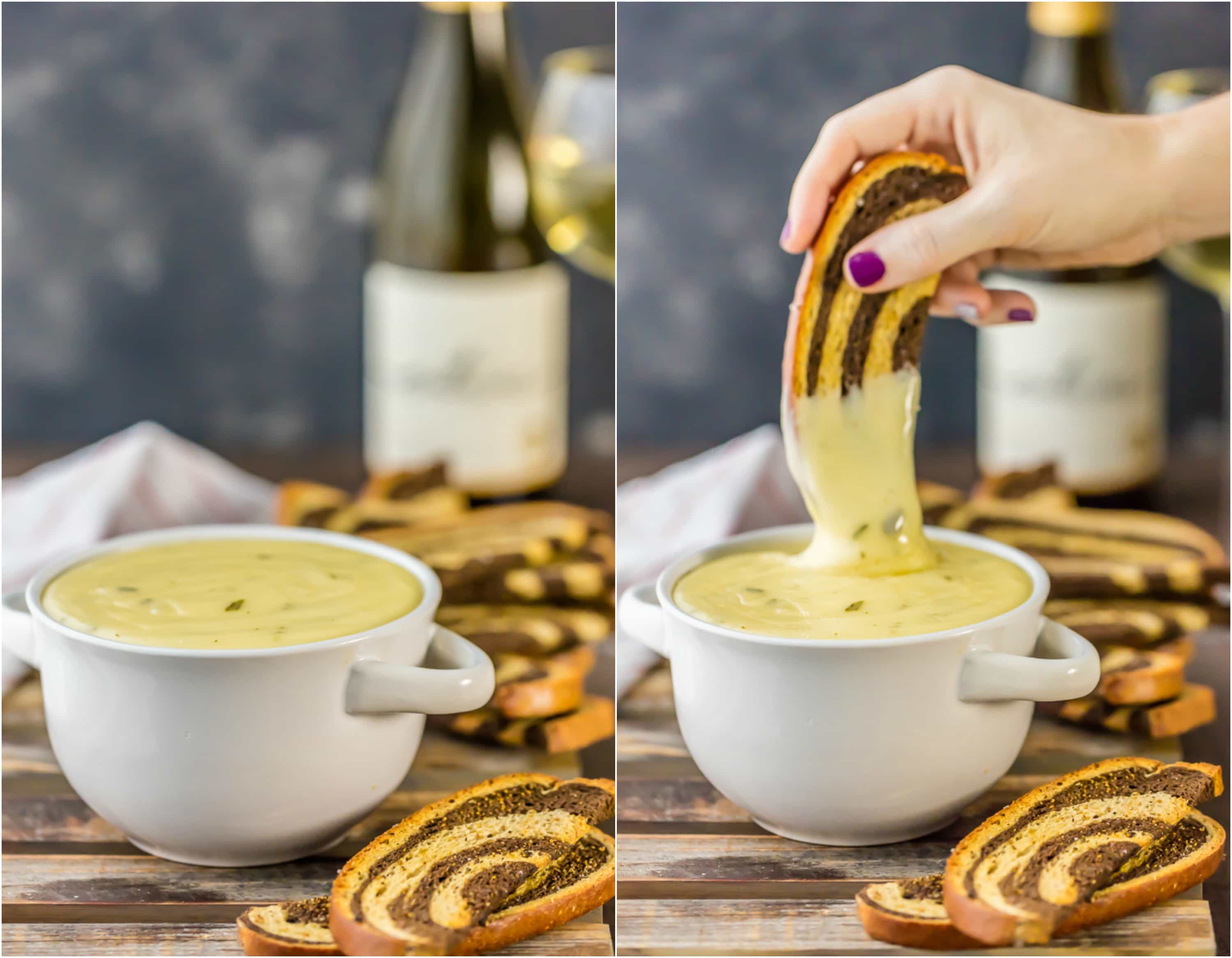 hand dipping crostini in fondue