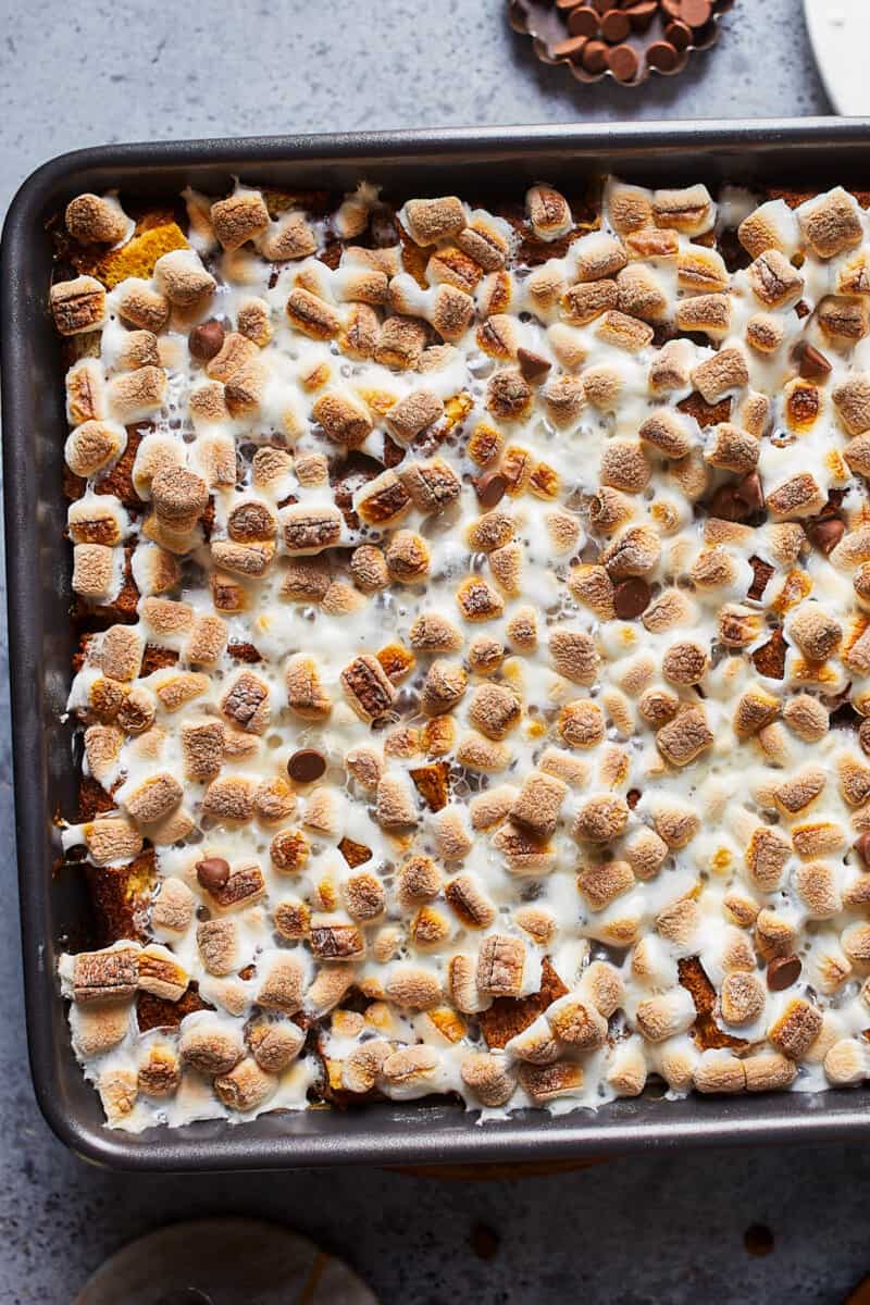 hot chocolate bread pudding in baking dish