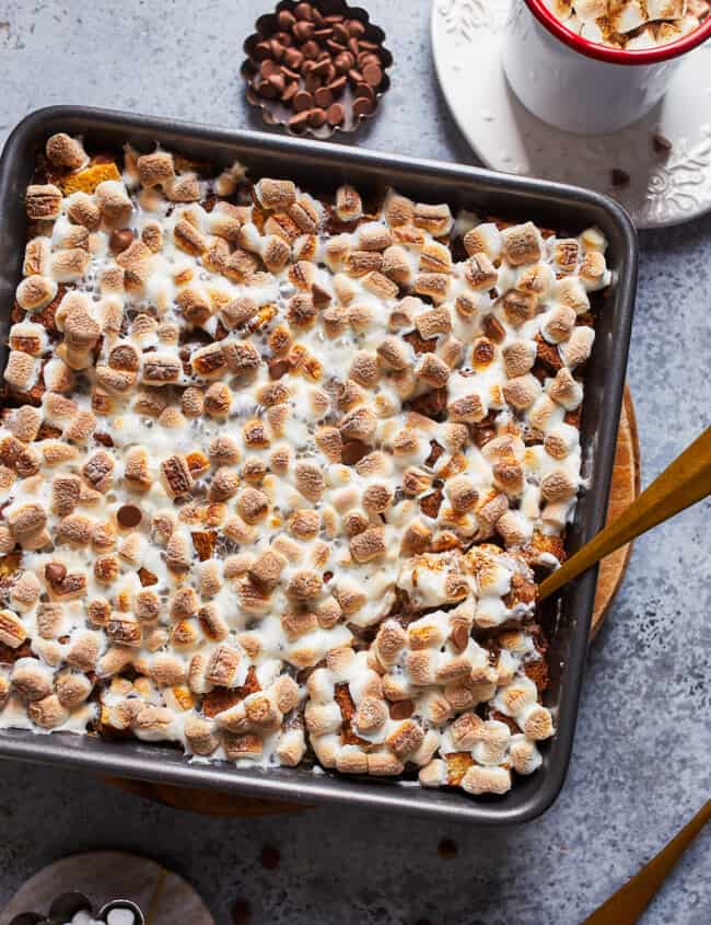 hot chocolate bread pudding in baking dish