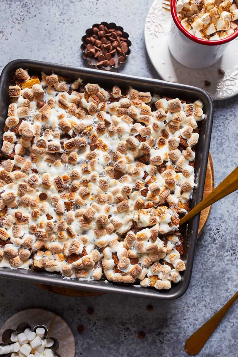 hot chocolate bread pudding in baking dish