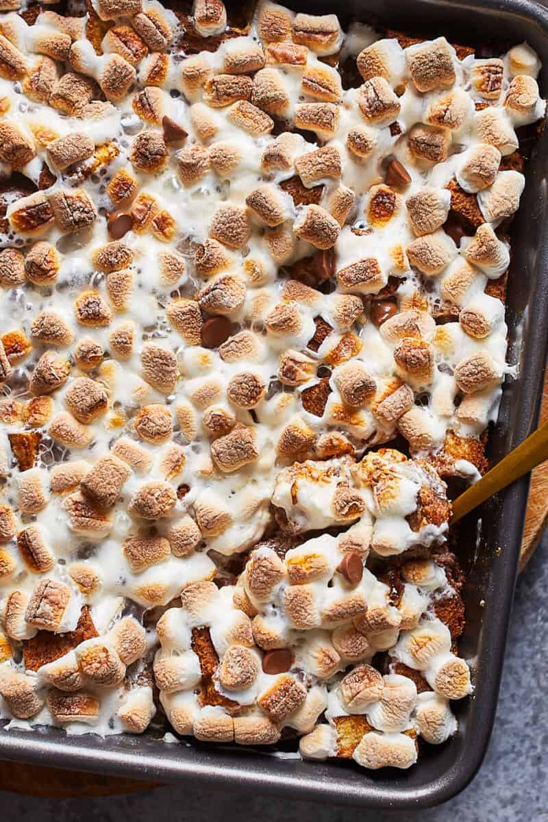 hot chocolate bread pudding in baking dish