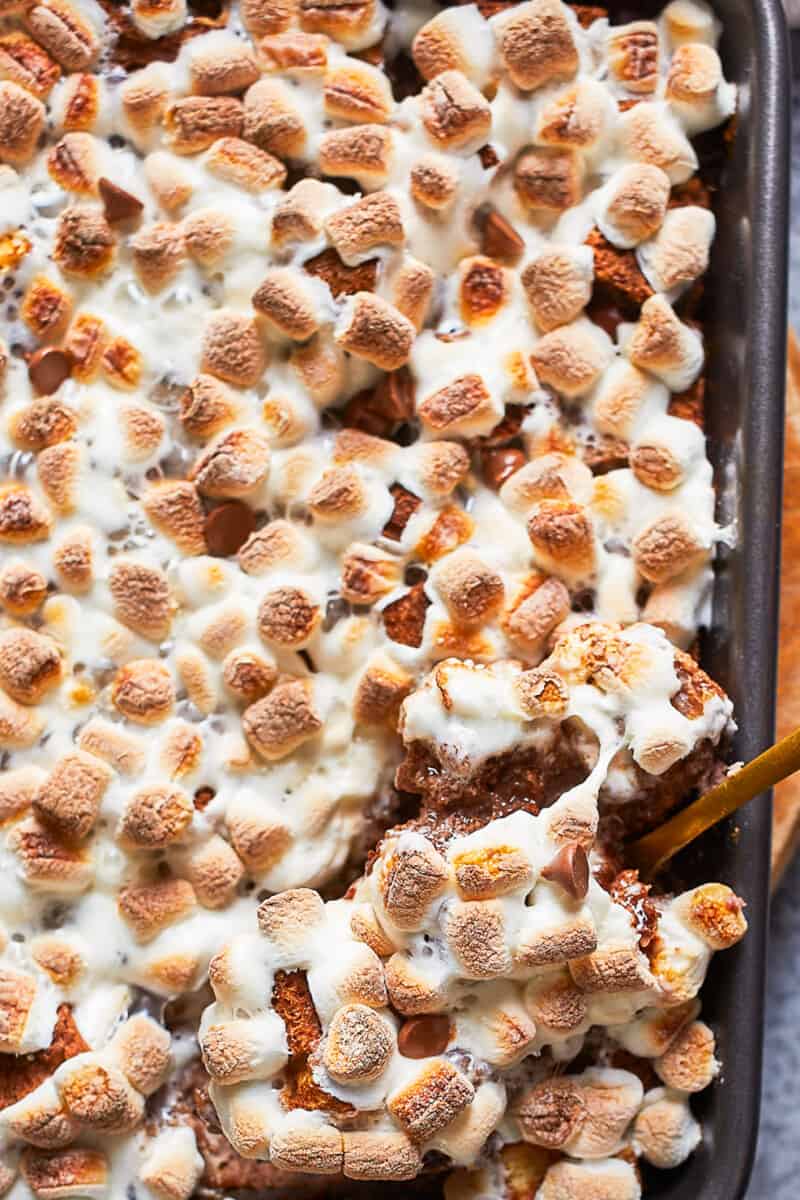 hot chocolate bread pudding in baking dish