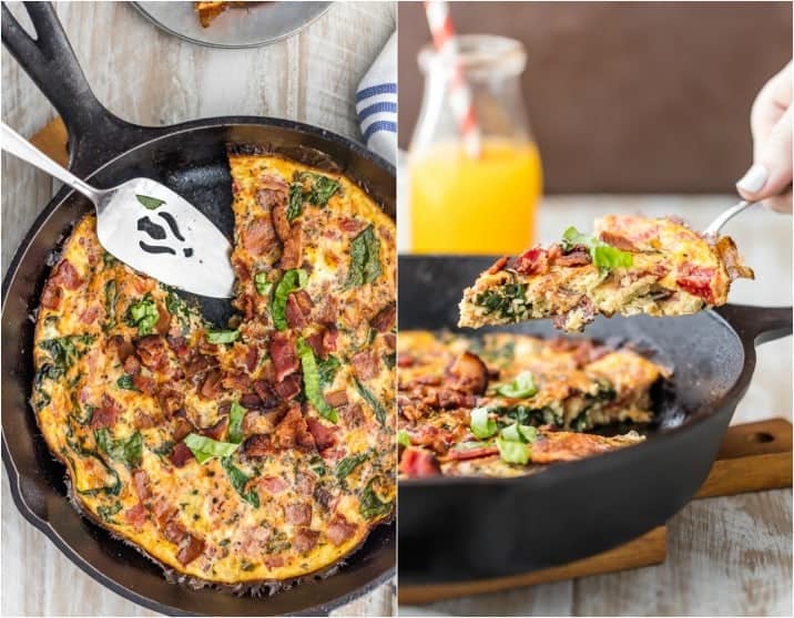 two pictures of one pan BLT skillet frittata with a slice out of the pan