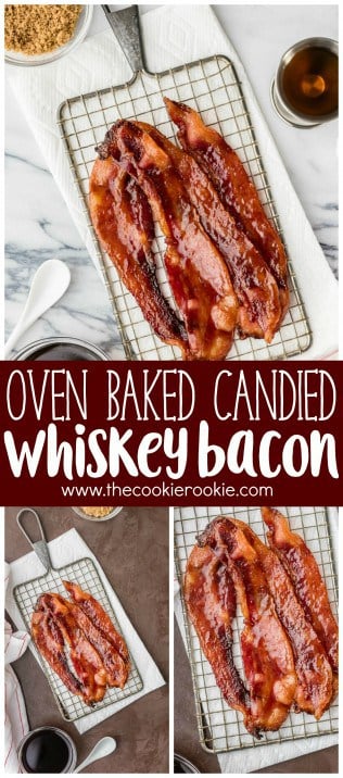 Oven Baked Candied Whiskey Bacon is the BEST bacon recipe for breakfast, sandwiches, salads, and everything in between! Baked in the oven! BEST BACON EVER!